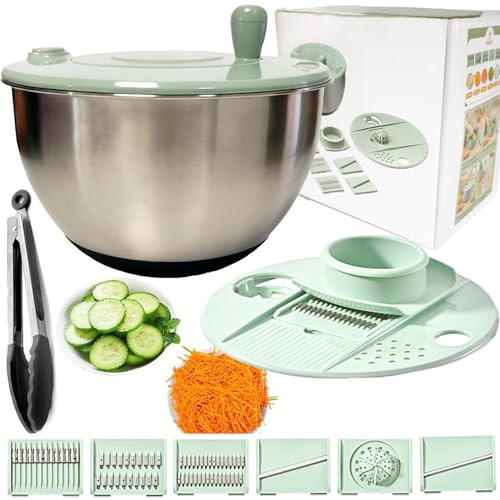 SYXLTSH 3 IN 1 Salad Spinner + Vegetable Chopper Peeler + Egg Yolk Separator, 5L Large Lettuce Spinner Washer Dyer, with 5 Blades Slicer Cutter Veggie Chopper (304 Stainless Steel Bowl)