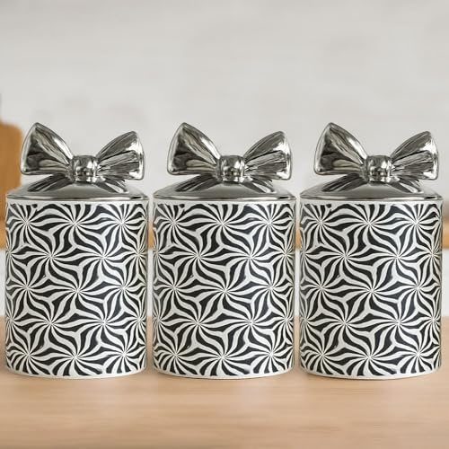 BMLIMITED BML Ceramic Tea Coffee Sugar Canister Set White Swirl Design with Silver Bow Lids Decorative Jars for Modern Kitchen Countertop (White)
