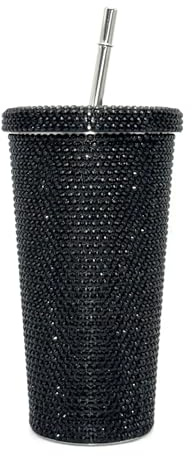 Luxury Rhinestone Drinking Tumbler with Metal Straw, Large 750ml Stainless Steel Cup, Crystal Glitter Design, Multiple Colours (Black)