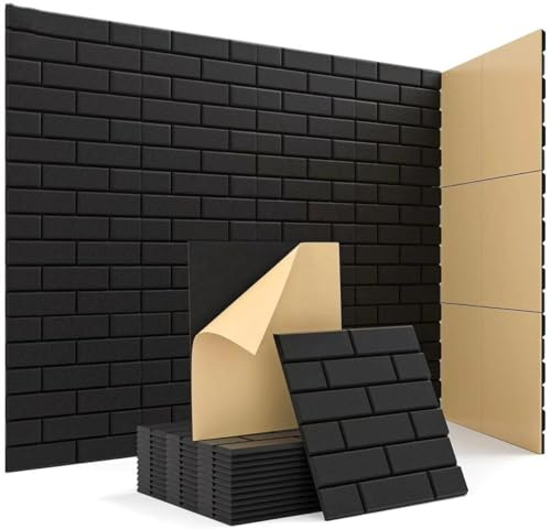 Acoustic Panels Self-Adhesive,12 Pack Brick Sound Absorbing Panels 30x30x0,9cm High Density Insulation Treatment Soundproofing Panels Decorative Acoustic Tiles for Recording Studio Home (Black)