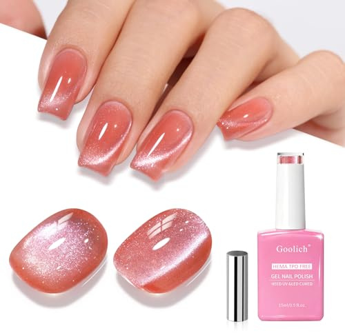 Goolich Coral Cat Eye Gel Nail Polish, 15ML HEMA & TPO Free Coral Red Holographic Glitter Shimmer Magnetic Gel Polish with Magnet Soak off UV LED Nail Design Manicure Salon