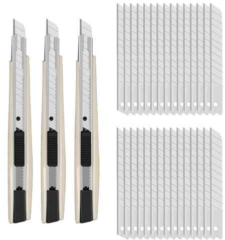 3er Set Cuttermesser 9mm mit 30 Stück 60° Abbrechklingen, Profi Cutter Klingen für Folien, Papier, Basteln und Tapeten, Cutter Messer Klein (Silber 60°)