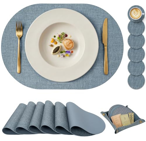 PROMATTOO Faux Leather Placemats Set of 6 with Coasters and Storage Tray, Linen Look Wipe Clean Table Mats, Water and Heat Resistant, Non Slip for Kitchen and Dining Table, 43 x 30 cm