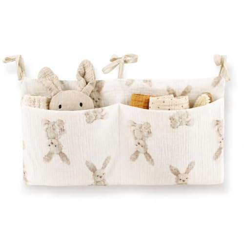exylosluxek Wickelkommode Organizer, Betttasche Kinderbett, Wickeltisch Organizer, Hängende Aufbewahrungstasche mit Hasenmuster aus Baumwollmusselin, 1 Stück