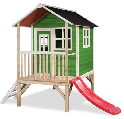 EXIT Toys Loft 300 Holzspielhaus für Draußen mit Rutsche - Gartenhaus aus Holz für Kinder mit wasserdichtem Dach - Einfache Montage - 100% FSC Zedernholz - 269x190x215cm - Grün
