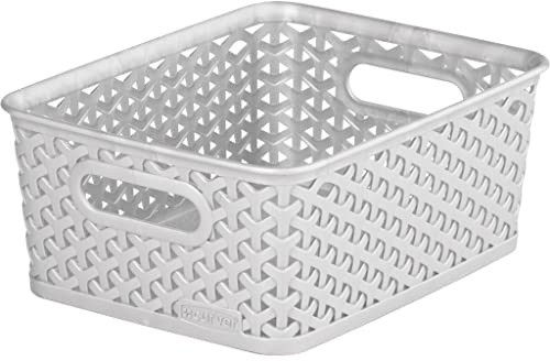 Small Grey Faux Rattan Storage Tub, 20 x 26 x 10cm H