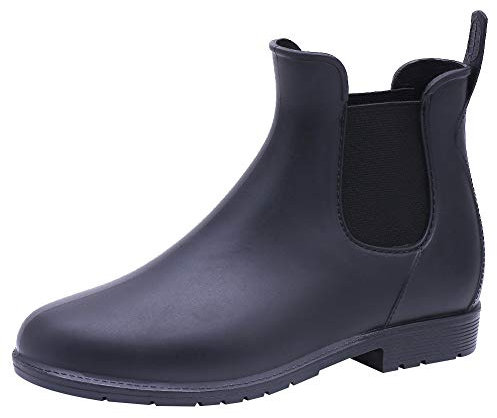 ANUFER Donna Altezza alla Caviglia Chelsea Stivali da Pioggia Impermeabile Slip-on Scarpe Welly Nero SN01004 EU39.5