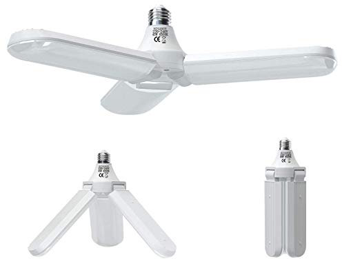HZSANUE E27 LED Luz de Garaje 45W, 6500K Blanco Frío 5000Lm Lámpara de Taller Deformable con 3 Paneles Ajustables, Iluminación de Techo LED, para Garajes, Sótanos, Almacén, Ático, Gimnasio (Pack de 1)