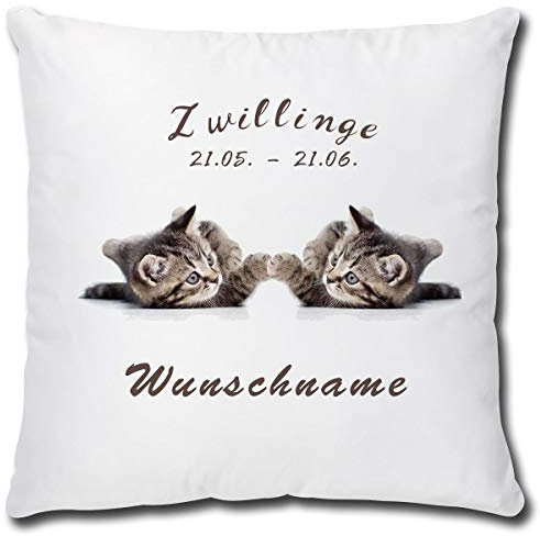 TRIOSK Kissen Katzenmotiv mit Namen personalisiert Sternzeichen Zwillinge Dekokissen Katze lustig Geschenk für Katzenliebhaber Frauen Mädchen Kinder 40x40 Weiß Grau