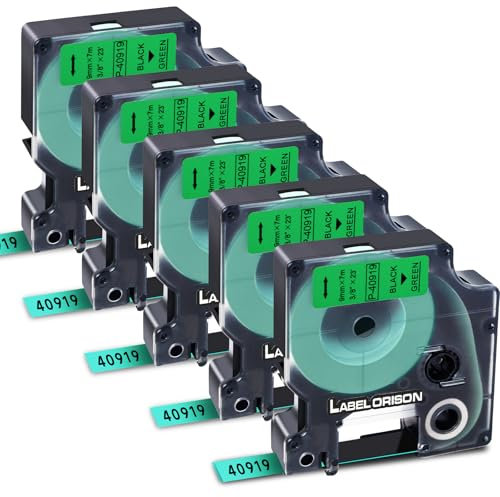 Label Orison 40919 Schwarz auf Grün 9mm kompatible Etikettenband als Ersatz für Dymo D1 Schriftband für DYMO LabelManager 120P 160 280 300 360D 420P 450D 500TS LabelPoint 200 250 300, 5er-Pack