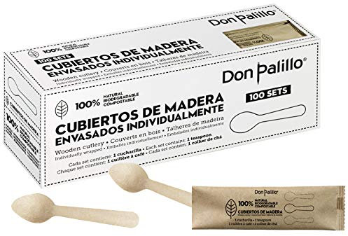 DON PALILLO - 100 cucchiai di legno usa e getta. Avvolto individualmente in carta kraft. Ideale per caffè, infusi, dolci Biodegradabile