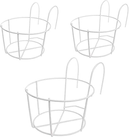 Qixuer 3 Pcs Hanging Flower Pot Stand,White Iron Flower Pot Rack Hanging Plant Iron Frame Round Flower Pot Frame Planters Flower Pot Holders for Outdoor Indoor Balcony Terrace Fence Railing Decoration