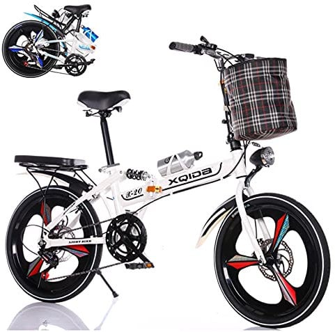 20-inch folding bike,adult teenager folding bikes 6-variable speed Before after Double shock absorption with lights and basket/Shipment from German warehouse/Color: red/black/white/beige (White, 20in)
