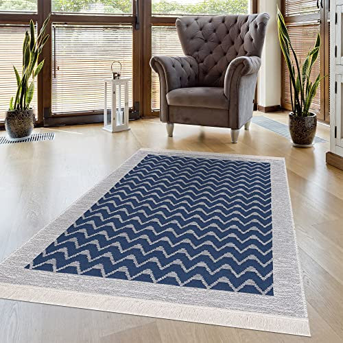 Pasha Home Teppich Läufer 60x120 cm Oslo/Boho Teppich aus Baumwolle/Teppich für Wohnzimmer, Schlafzimmer, Küche, Bad, Kinderzimmer/Teppich Boho Style wendbar/Teppich Läufer grau-blau