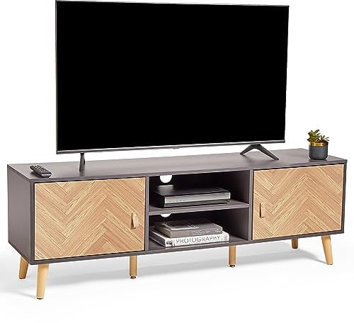 VonHaus Herringbone TV Unit – Grey & Wood Effect TV Cabinet For TV's up to 65 - Scandi Nordic Style Entertainment Unit w/Storage Cupboards, Shelving & Tapered Legs - 20kg Weight Capacity Living Room