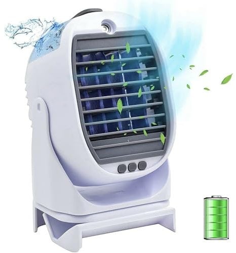 FISHTEC Mini Aire Acondicionado Móvil - Niebla y Refrigerador de Aire - Ventilador Portátil Recargable USB - 3 Velocidades - Silenciador - 2 depósitos de agua - Rotación de 360° - Sin evacuación