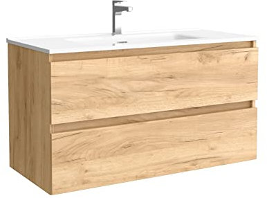 Salgar Mueble de baño Bequia 100 cm con Lavabo 100% montado de fábrica | Acabado Roble suspendido 2 cajones Cierre amortiguado Apertura con uñero | Lavabo Porcelana Blanca | Marca