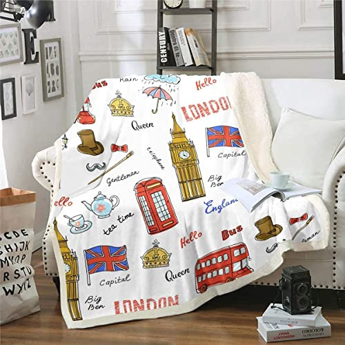 Kuscheldecke 120x150 cm 3D London, Wolldecke Mode Flauschige Fleecedecke, Warme Sherpa Decke Wohndecke Sofadecke, für Tagesdecke Blanket Couchdecke