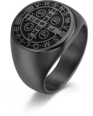 RobertDTesta Männer St. Benedikt Exorzismus Medaillon Ring, Katholische Exorzismus Kreuz Edelstahlring,Schwarz,12