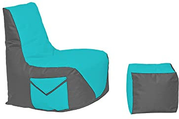 Momiralland Komfort Sitzsack XL - XXL mit Hocker Sitzkissen BodenKissen Sessel In- & Outdoor geeignet Gaming Sitzsack für Erwachsene und Kinder (Anthrazit – Türkis, XXL - Durchmesser 80 cm)