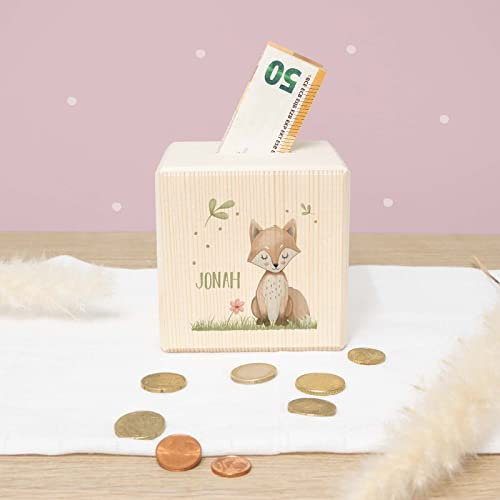 Spardose Fuchs - Personalisiert mit Namen aus Holz - 10x10 cm Holzspardose Geburt, Geburtstag, Einschulung, Taufe - Sparschwein Aquarell Motiv für Jungen & Mädchen hellomini