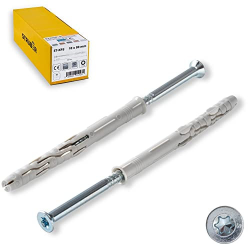 STRÜBER Rahmendübel mit Senkkopfschrauben Torx (10x100 mm / 50 Stück) Fensterrahmendübel - Langschaftdübel - Spreizdübel - Wandrahmenbefestigung - Nylondübel mit TX Schrauben - ETA Zulassung