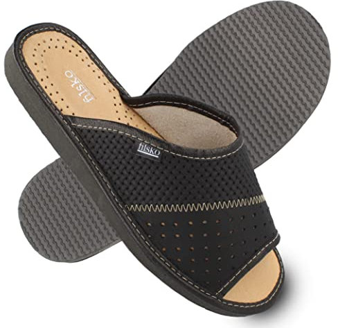 filsko® Louns - Slippers Herren - offen - EVA Sohle - Naturleder - rutschfest - atmungsaktiv - schwarz - 42 EU