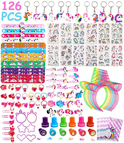 Jissta 126 Pezzi Gadget Unicorno Compleanno Bambina,Unicorno Festa Compleanno,Fascia Braccialetto Portachiavi Timbro Tatuaggio Segnalibro Anello Sacchetti Regalo,Gadget Compleanno Bambina
