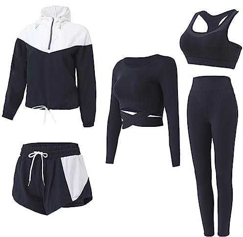BOTRE Damen Sport Set 5er-Set Traingsanzug Sportanzüge Jogginganzug Gym Fitness Yoga Kleidung Laufbekleidung Sportswear Yoga Outfit Damen BH Leggings Set(Weiß Schwarz, Large)