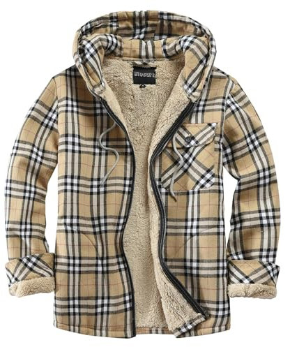 Elesuit Herren Full Zip Fleece Flanell Jacken Hemd Plaid Baumwolle Hoodies Weich Warm Mantel für Männer mit Kapuze, Khaki, S