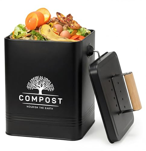PERFNIQUE Kitchen Compost Bin, 1.7 Gallon Countertop Compost Bin with Lid, Indoor Compost Bin Includes 2 Carbon Filters, Small Compost Bucket, Food Waste Bin for Kitchen with Trash Bags (Matte Black)