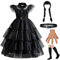 Singular-Point Halloween Kostüm Mädchen-Wednesday Kleid Kostüm Kinder Halloween Kleid Damen Schwarz Tüllrock Kleid Gothic Kleidung Family Kostüm Halloween Karneval Cosplay Halloween Deko