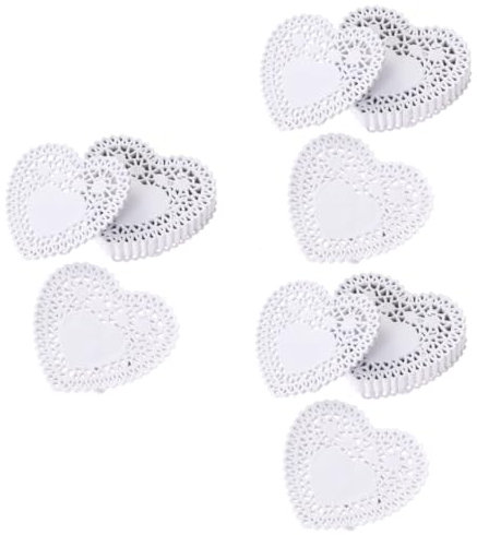 HOMSFOU 750 Stück 4 Häkeln Herzausschnitte Spitze Papier Kuchen Topper Bunte Tischsets Herz Deckchen Mini Pappbecher Dekorative Geschirr-tischsets Tischdecke Weiß Geschenkpapier Fein