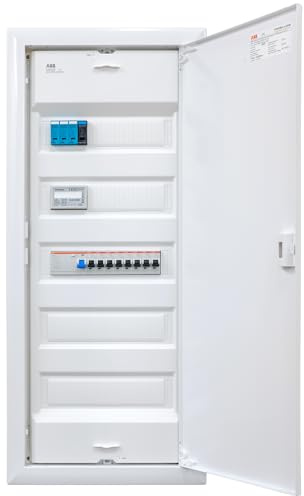 Mit Zähler bestückter ABB (STRIEBEL&JOHN) Unterputz 5-reihig UK660N4 mit Überspannungsschutz. ANSCHLUSSFERTIG verdrahtet mit Klemmblock. Bestückung ABB 1x FI 4-polig + 8x LS B16A