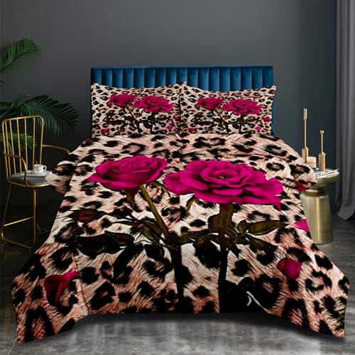 CCoutueChen Parure de lit 3 pièces en microfibre douce avec 2 taies d'oreiller, imprimé léopard, rose guépard, rose, animal romantique, pour femmes, filles et adultes