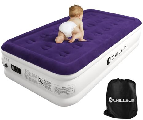 CHILLSUN Single Airbed, Inflatable Air Mattress with Built-in Pump, Double-High Air Bed in 2 Mins Self-Inflation/Deflation, Flocked Surface Guest Blow Up Bed 191cm L x 99cm W x 41cm H