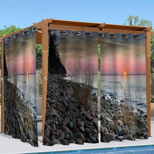 Outdoor Vorhang Wetterfest, Sonnenuntergang Outdoor Vorhänge Wasserdicht mit Ösen Strand Sichtschutz Outdoor Gardinen für Draussen Terrasse Balkon Pavillon Garten Pergola 2er Set B 132 x H 240 cm
