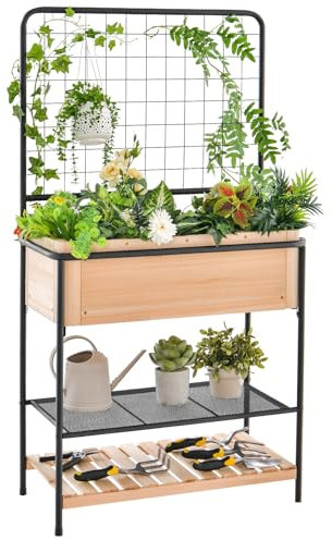 HOMASIS Jardinera de Hierro con Enrejado, Macetero para Plantas trepadoras, Cama elevada con 2 estantes escalonados y tabique extraíble, Jardinera Cama para Patio, balcón, 80x38x150cm, Natural
