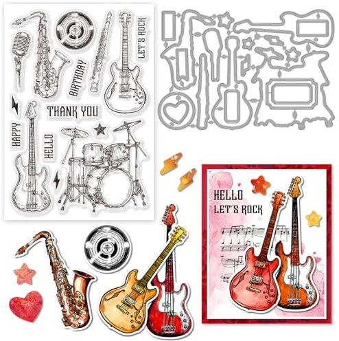 GLOBLELAND 2 Stück Musikinstrument Stempel Und Stanzformen, Silikon Stempelkarten Und Metall Stanzungen Für Die Kartengestaltung Und DIY Prägungen, Scrapbooking