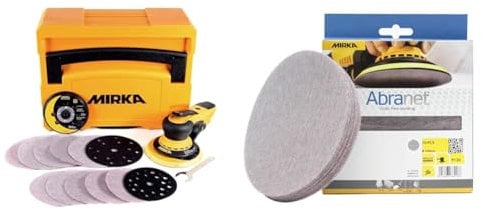 Mirka DEROS II 5650 Ponceuse excentrique avec aspiration pour papier abrasif Ø 125 et 150mm, course 5,0mm et Abranet Disques abrasifs filet Ø 150mm autoagrippant, grain P120, 10 pces