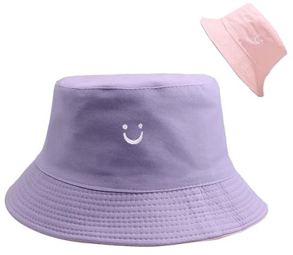 Fischerhut Herren Damen Sonnenhut Bucket Hat Reversibel Smile Anglerhut Faltbar Sommerhut Baumwolle Fischerhüte Freizeithut zum Camping Reisen Angeln (DE/NL/SE/PL, Numerisch, 56, 58, Pink Lila)