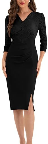 Belle Poque Women Vintage 3/4 Sleeve Lace Dress V Neck Midi Bodycon Dress Cocktail Party Wedding Black 20