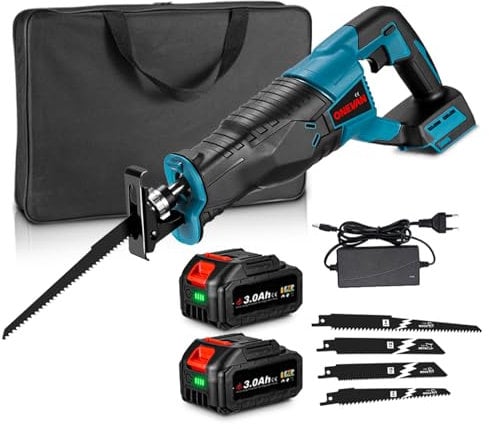 ONEVAN Säbelsäge Akku 32mm Hublänge, Fuchsschwanz Säge Elektrisch Reciprosäge 2800spm, Säbelsäge mit 4 Sägeblätter, 2 x 3.0Ah Akkus und Ladegerät