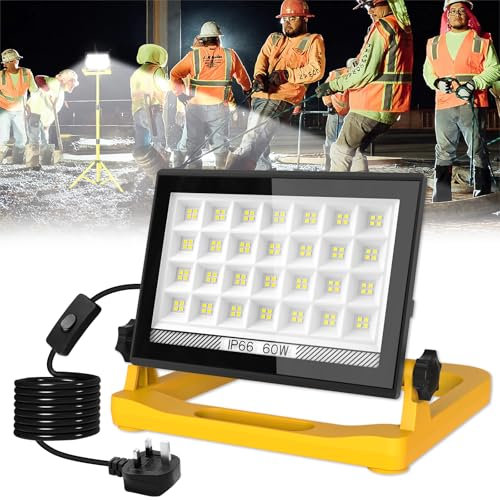 T-SUN 5400Lumen LED Work Light with Stand, 60W Floodlight with 3 Brightness Dimmable IP66 Waterproof Work Lights with 13FT Cord for Indoor Outdoor Worksite Job Site Garage