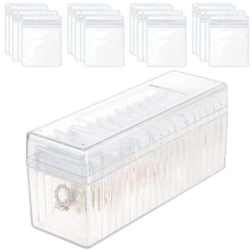 Crystals Clear Jewelry Organizer - Earring Storage Box, Bracelet Holding Box | Transparent Travel Jewelry Cases with 20 Anti Tarnish Pouches, Portable Oxidation Protection Bags for Earrings Necklaces