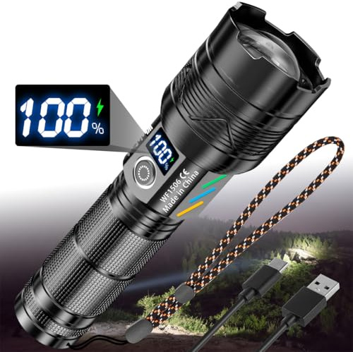WholeFire Linterna LED recargable, linterna LED extremadamente brillante, 30.000 lúmenes, linterna recargable, funciona con pilas, IP65 resistente al agua, con 5 modos de luz, zoom, para camping y