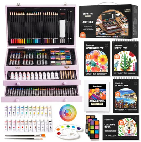 Shuttle Art 202 Piezas Maletin Pinturas, Estuche Pinturas con 4 Bloc de Dibujo, Lienzo, Pintura Acrílica, Lápices de Colores, Lápices de Cera, Pasteles, Kit Pintura para Niños Adultos, Violeta