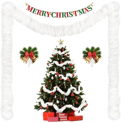 Tutukyle 20M/Pack of 10 Lametta Weihnachtsbaum, Lametta Weiß Girlande Weihnachten, Weihnachtsbaum Deko, Weihnachtsdeko Girlande, Lametta Girlande für Vorhänge, Zimmer, Party Weihnachtsfeierdekoration