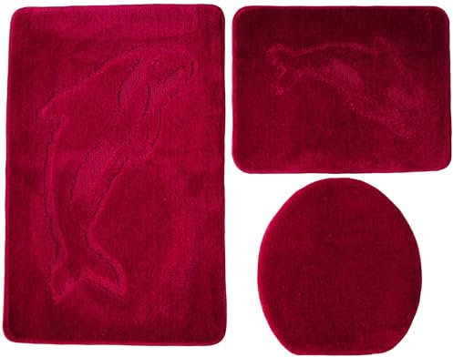 Ilkadim Export 3- teiliges Badvorleger Set Delphin Muster, Bad Teppich 55cm X 85cm ohne Auschnit gerade für Hänge WC (Bordeaux)