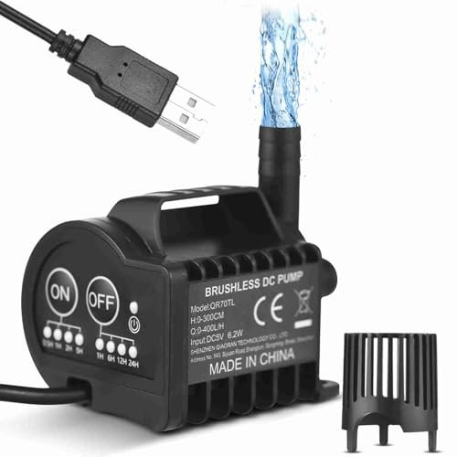 Mini Pompe à Eau 5 V, 4 Vitesses, Fonction D'accélération et de Décélération, 600 L/H, Levage de 7,2 Pieds, Charge USB, Ventouse, Réservoir, étang, Aquarium, Boisson pour Animaux (QR70TL)